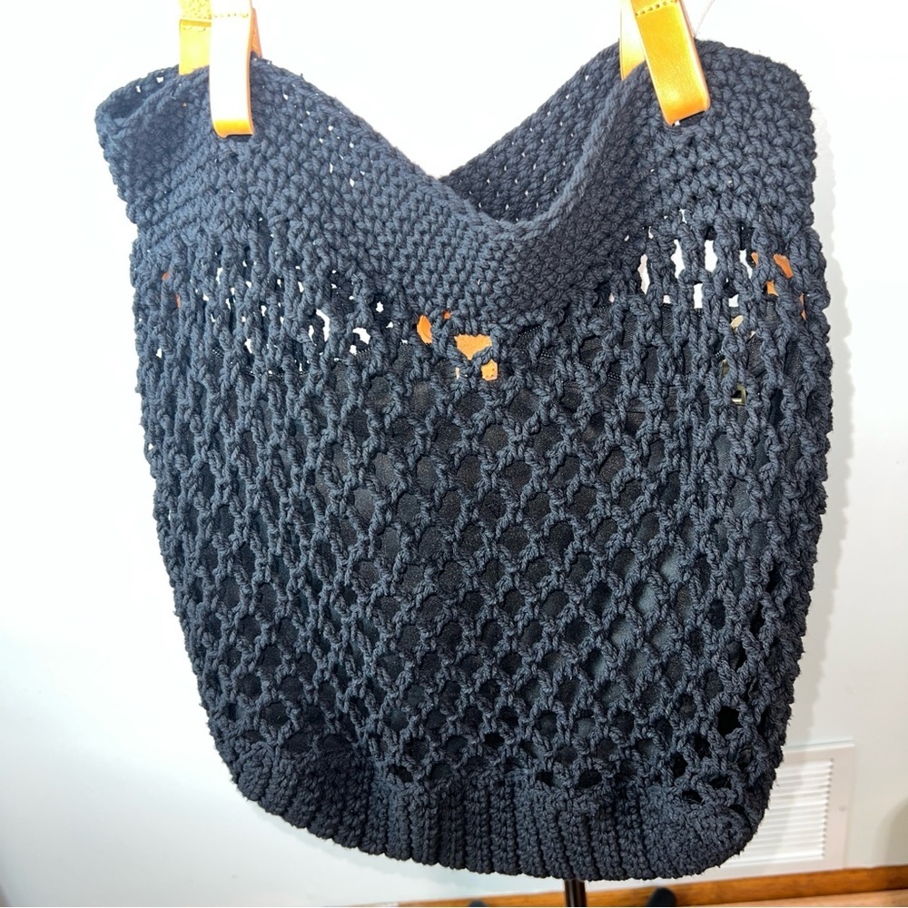 Black Crochet Tote Bag Tan Leather Strap Boho Market Beach Woven Summer Shoulder - Picture 6 of 6